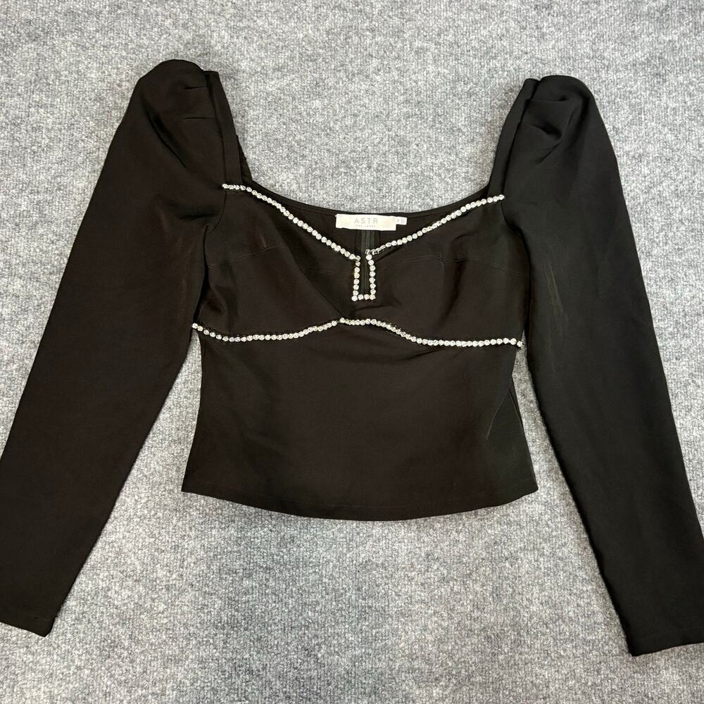 ASTR The Label Black Rhinestone Trim Crop Top Long Sleeve M
